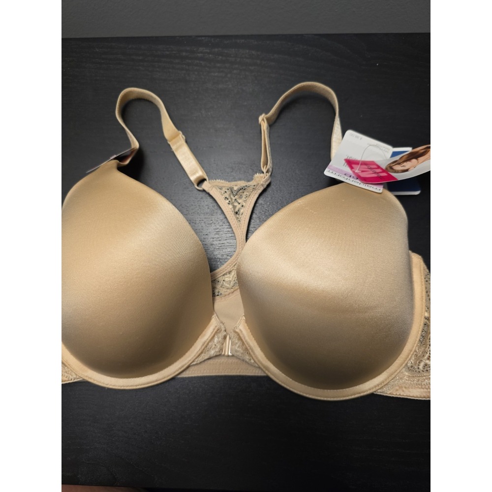 Maidenform Custom Lift 36D Beige Racerback Bra Lace Silky Smooth Fabric Front Cl